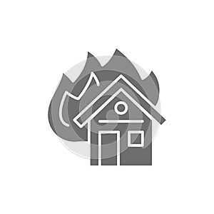 Burning house, fire insurance grey icon. Isolated on white background