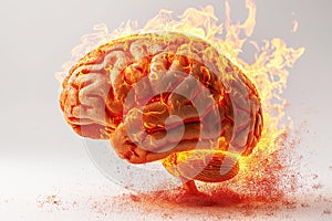 burning human brain on fire with flames on white isolated background