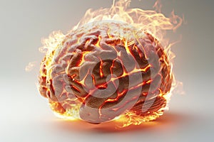burning human brain with flames on white background