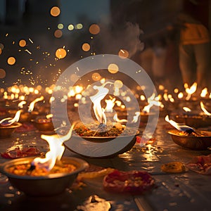 Burning hundreds of small flat candles on a dark background with golden side effect. Diwali, the dipawali Indian festival of light