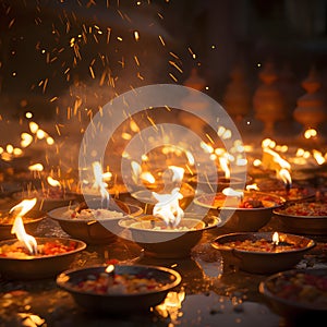 Burning hundreds of small flat candles on a dark background with golden side effect. Diwali, the dipawali Indian festival of light