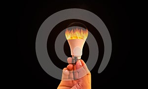 Burning Ideas Concept Background with Fire inside Bulb, Man Holding Bulb with Fire inside it. New ideas backdrop. Abstract Art des