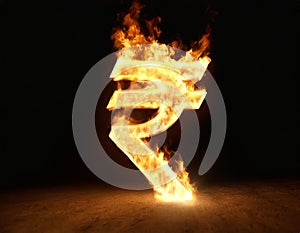 Burning incandescent rupee sign set on fire on black background