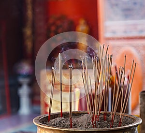 Burning Incense in Chinese Buddhist Temple background, material offering of traditional Mahayana Buddhist devotional practices for