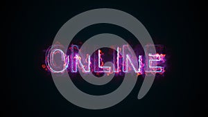 The word Online on a screen on the Internet. Burning inscription. 3d rendering text. Computer generated web background
