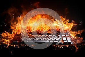 Burning keyboard on black background. Burnout syndrome, deadline, burnout at work. Computer keyboard on fire as a symbol of stress