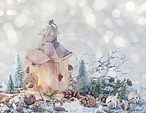 Burning lantern and christmas decoration