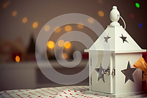 Burning lantern and christmas decoration with bokeh in the evening