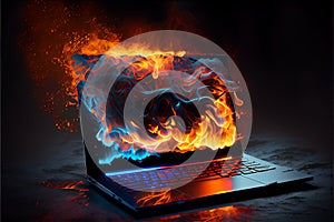 Burning laptop, open laptop with tongues of flame