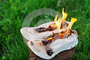 Burning leather sports shoes. Sneakers or gym shoes on fire stand on the Stump.