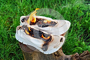 Burning leather sports shoes. Sneakers or gym shoes on fire stand on the Stump.