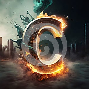 Burning letter C in fire and smoke, 3d illustration