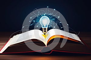 a burning light bulb on an open book, idea search, knowledge acquisition, thinking and creative