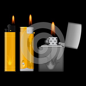 Burning lighters on black background
