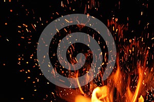 Burning log and fire spark photo