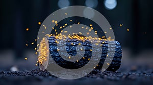 Burning log with glowing embers on a dark background
