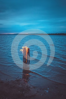 Burning log on the shallows of the lake