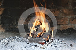 Burning logs in a brick furnace
