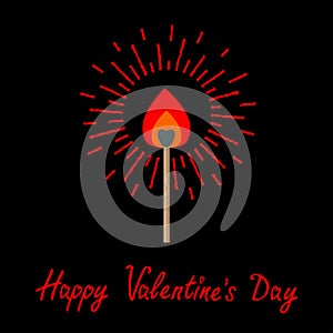 Burning love match with red and orange fire light shining sunlight effect. Flat design style. Happy Valentines day