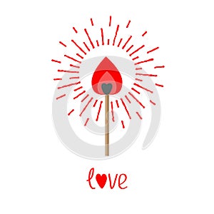 Burning love match with red and orange fire light shining sunlight effect. Isolated Flat design style.