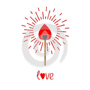 Burning love match with red and orange fire light shining sunlight effect. Isolated Flat design style. photo