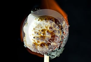 Burning marshmallow on a black background.