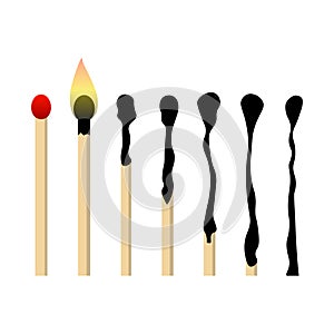 Burning match animation set. A whole wooden match with a sulfur head that burns in stages from ignition to extinction