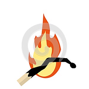 Burning match. Flaming stick for ignition