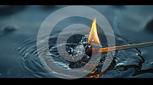 Burning matchstick with extinguishing flame on water surface