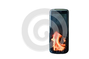 burning mobile phone isolated on white