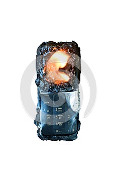 burning mobile phone isolated on white