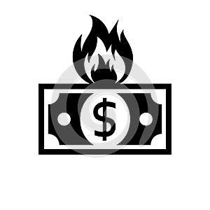 Burning money black icon. Wasting money. The banknote is on fire.