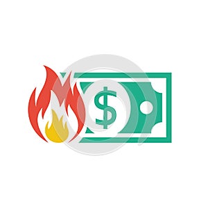 Burning money color icon. Wasting money. The banknote is on fire.