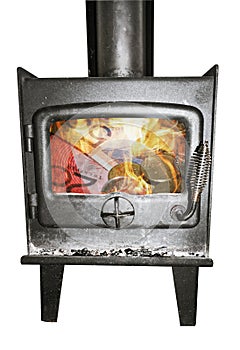 Burning money in fireplace.