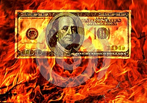 Burning money in flame of fire. Conceptual.