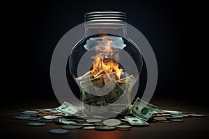 Burning money in glass jar concept