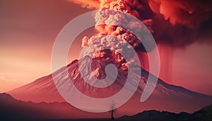 Burning mountain peak erupts, smoke fills sky, nature destruction generated by AI