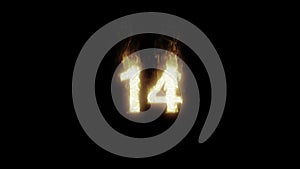Burning Number 14. Fire Number. Alpha Channel. Transparent Background