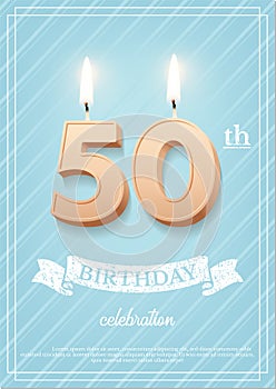 Burning number 50 birthday candle with vintage ribbon and birthday celebration text on textured blue background in