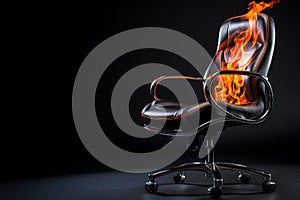 Burning office chair on black background. Burnout syndrome, deadline, burnout at work concept. Armchair on fire as a symbol of