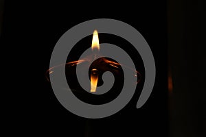 Burning oil lamp and fire with dark background. Closeup.