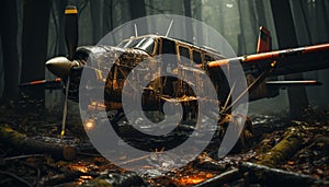 Burning old car, abandoned in the dark, a fiery wreckage generated by AI