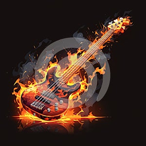 Burning orange bass guitar, diagonal position, fiery flames, musical intensity