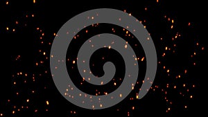 Burning orange hot sparks rise from fire seamless loop ,Fire Particles over black background.