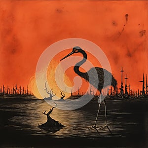 Burning Oriole: An Apocalyptic Landscape In Primitive Art Style