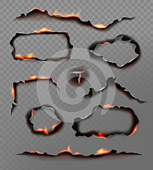 Burning paper edges. Various geometrical burning shapes decent vector realistic pictures set