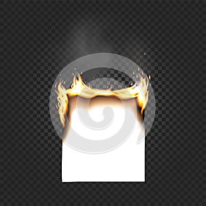 Burning Paper Sheet A4 Edges Close up Isolated on Black Checkered Background. A smoking sheet of paper with fire vector