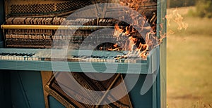 Burning piano, musical style, grunge instrument. Rock concert, jazz, fireplace, destruction.