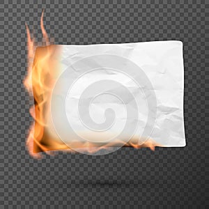 Burning piece of crumpled paper. crumpled empty paper blank. Creased paper texture in fire. Vector