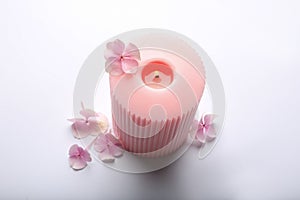 Burning pink wax candle and flowers isolated, above view